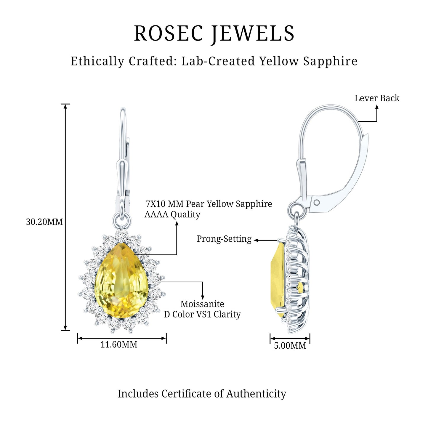 5 Carat Lab Grown Yellow Sapphire Dangle Earrings for Women with Leverbacks