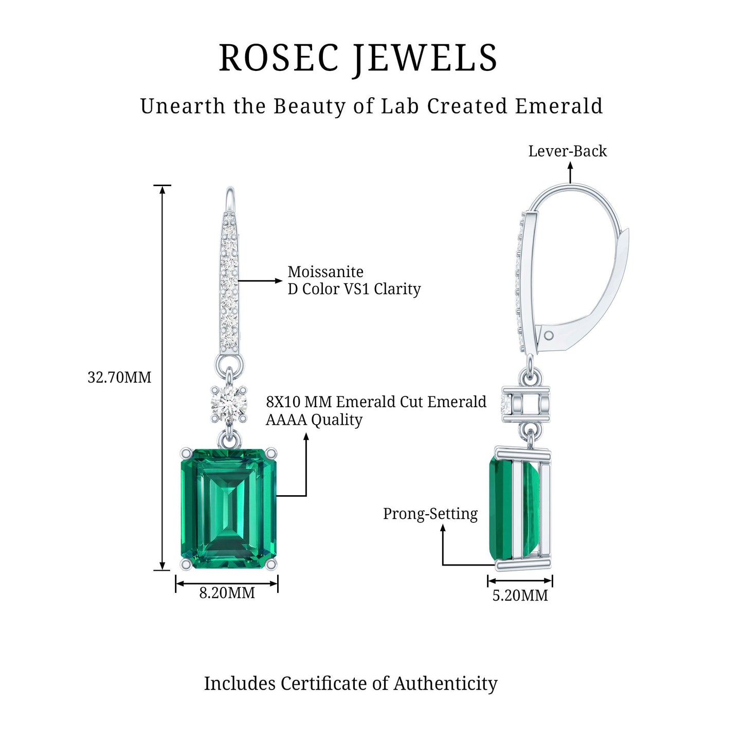 Sterling Silver 6.5 Carat Lab Grown Emerald Drop Earrings For Women