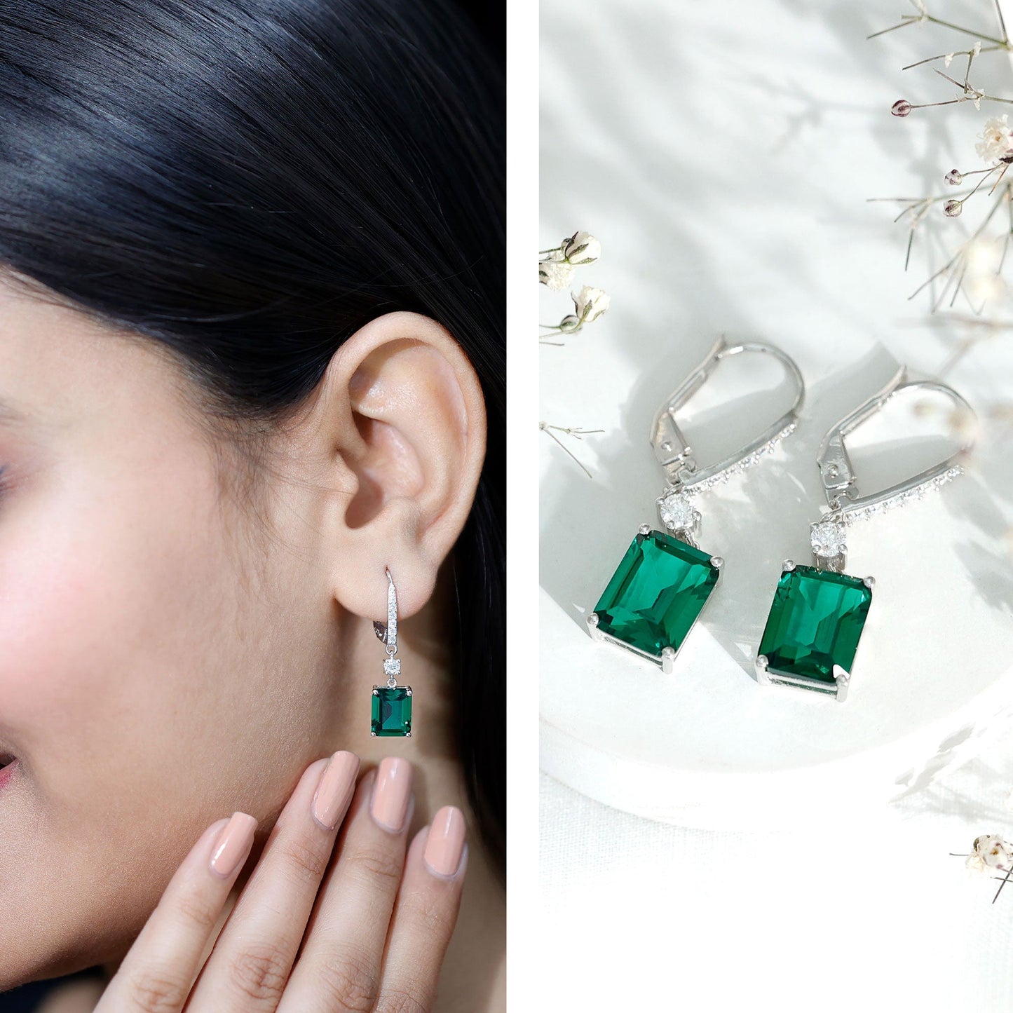 Sterling Silver 6.5 Carat Lab Grown Emerald Drop Earrings For Women