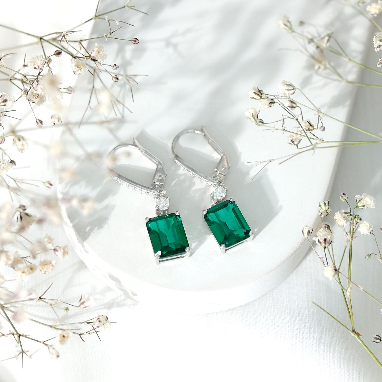 Sterling Silver 6.5 Carat Lab Grown Emerald Drop Earrings For Women
