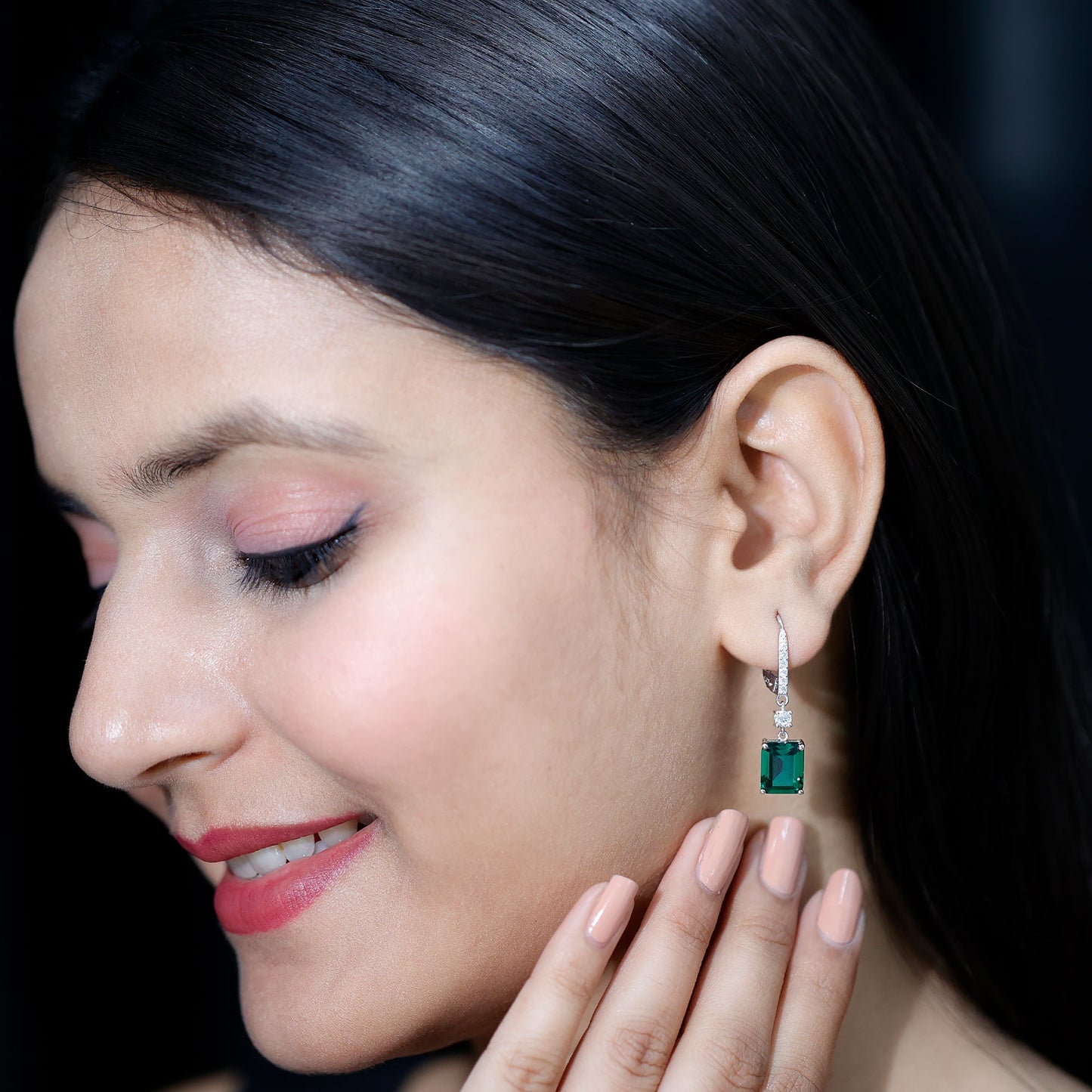 Sterling Silver 6.5 Carat Lab Grown Emerald Drop Earrings For Women