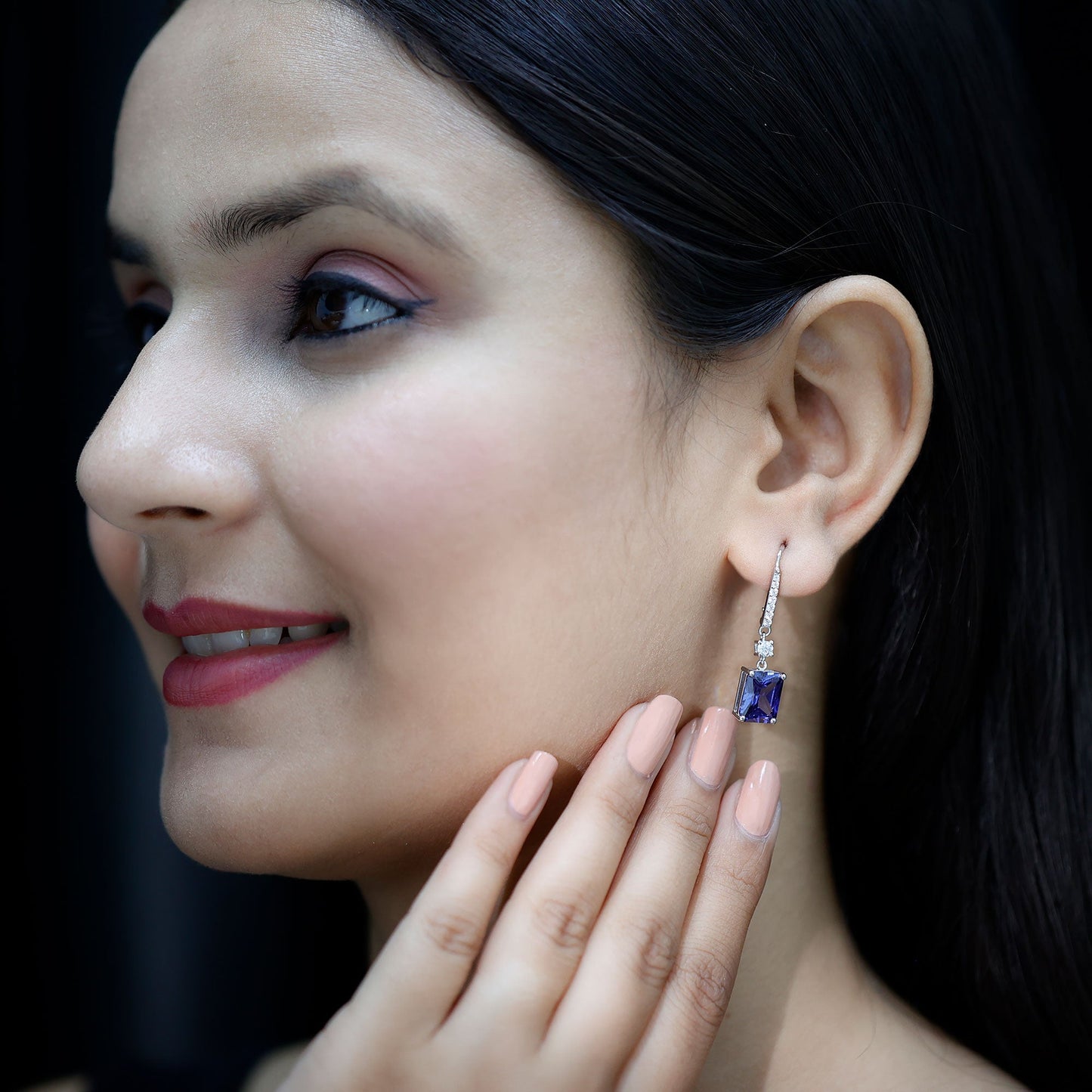 5.5 Carat Emerald Cut Lab Grown Blue Sapphire Drop Earrings in Silver