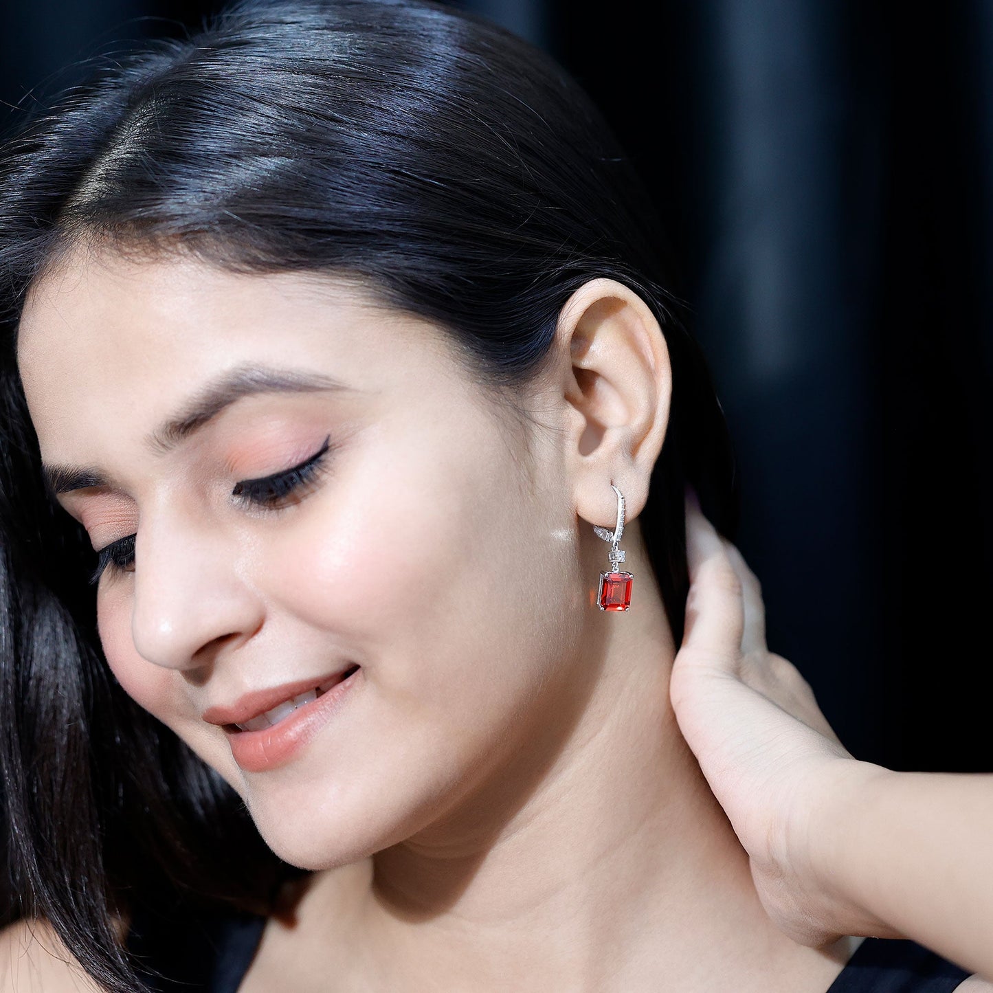 5.5 Carat Emerald Cut Lab Created Orange Sapphire Hoop Drop Earrings