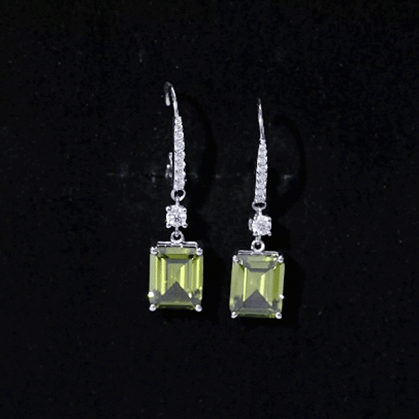 5.5 Carat Emerald Cut Lab Grown Green Sapphire Drop Earrings in Silver