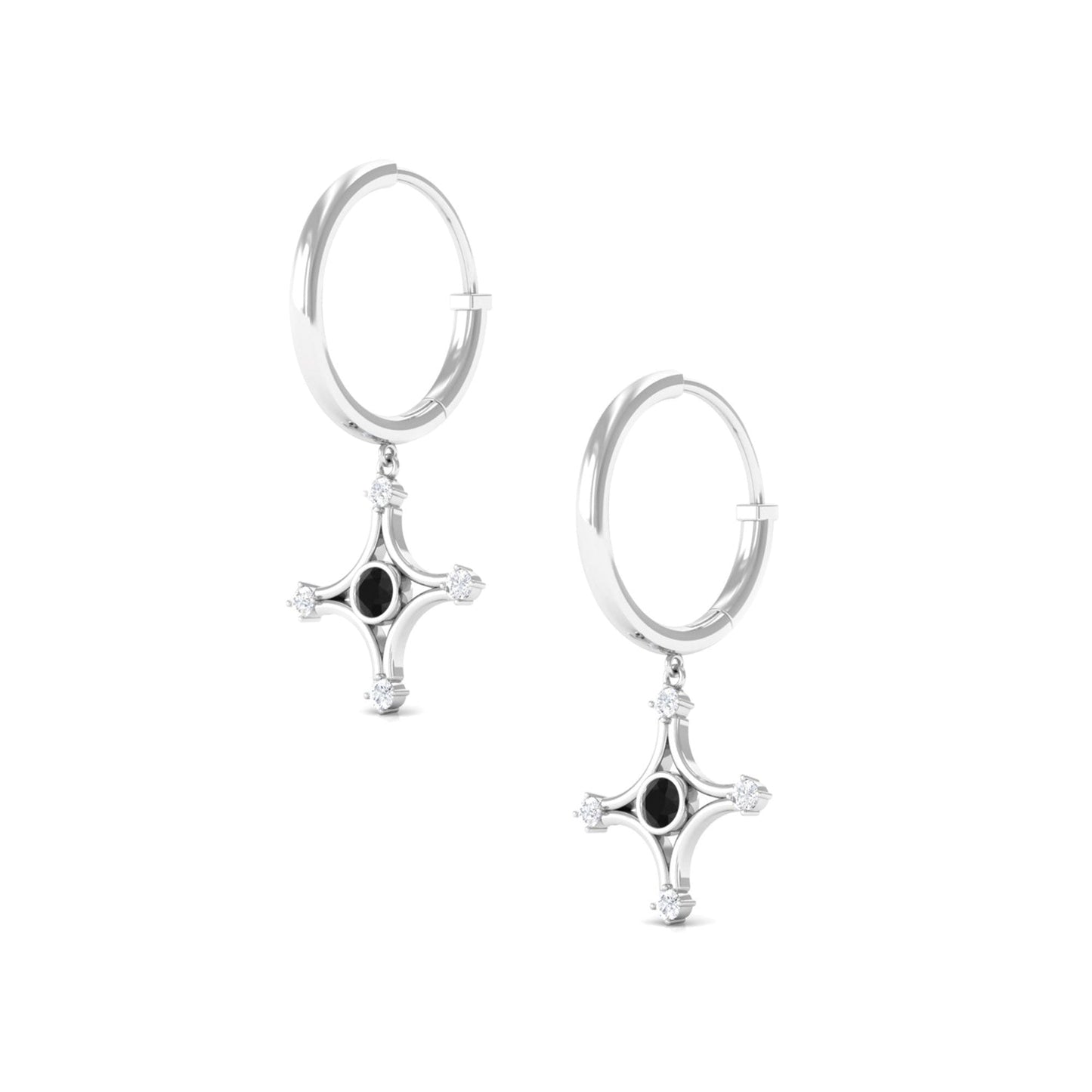 Lab Created Black and White Diamond Star Dangle Hoop Earrings