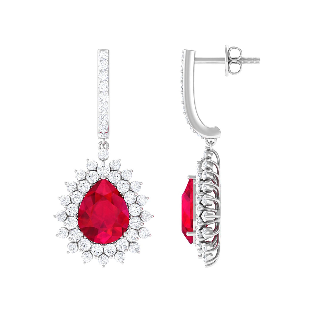 Pear Cut Lab Created Ruby Hoop Drop Earring with Moissanite Halo