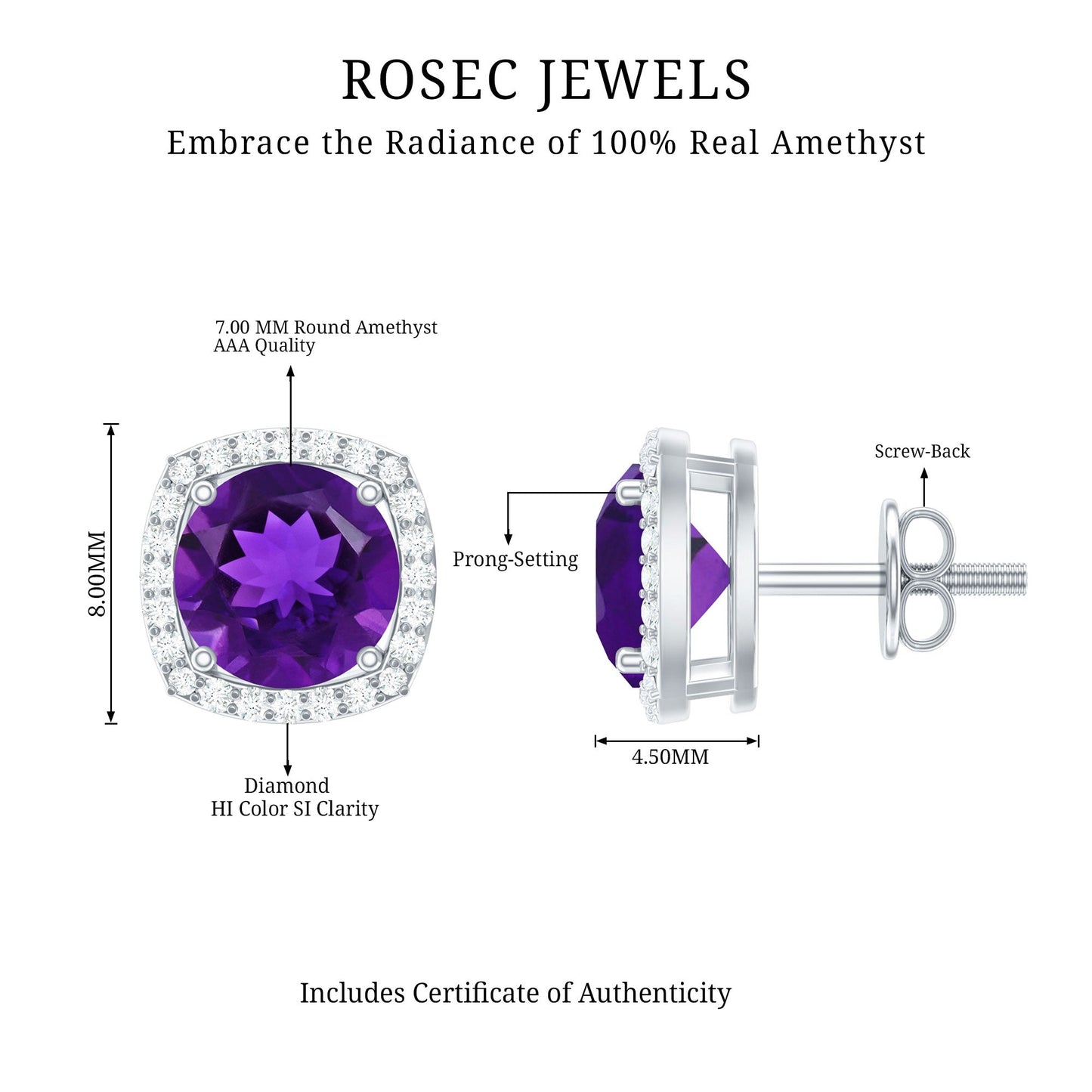 Natural Amethyst Stud Earrings with Diamond Halo
