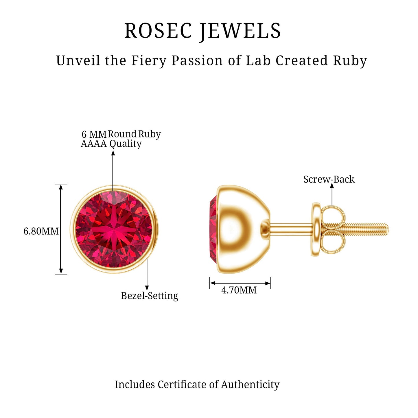 Lab Grown Ruby Solitaire Stud Earrings in Bezel Setting