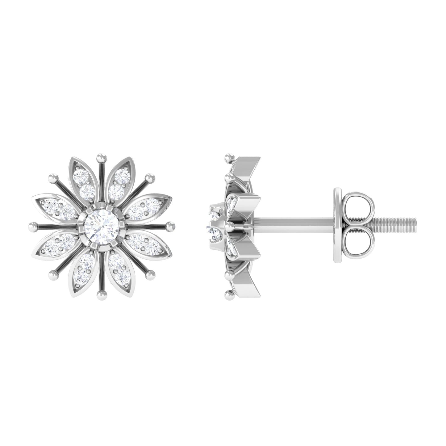 Natural Diamond Flower Stud Earrings with Screw Back