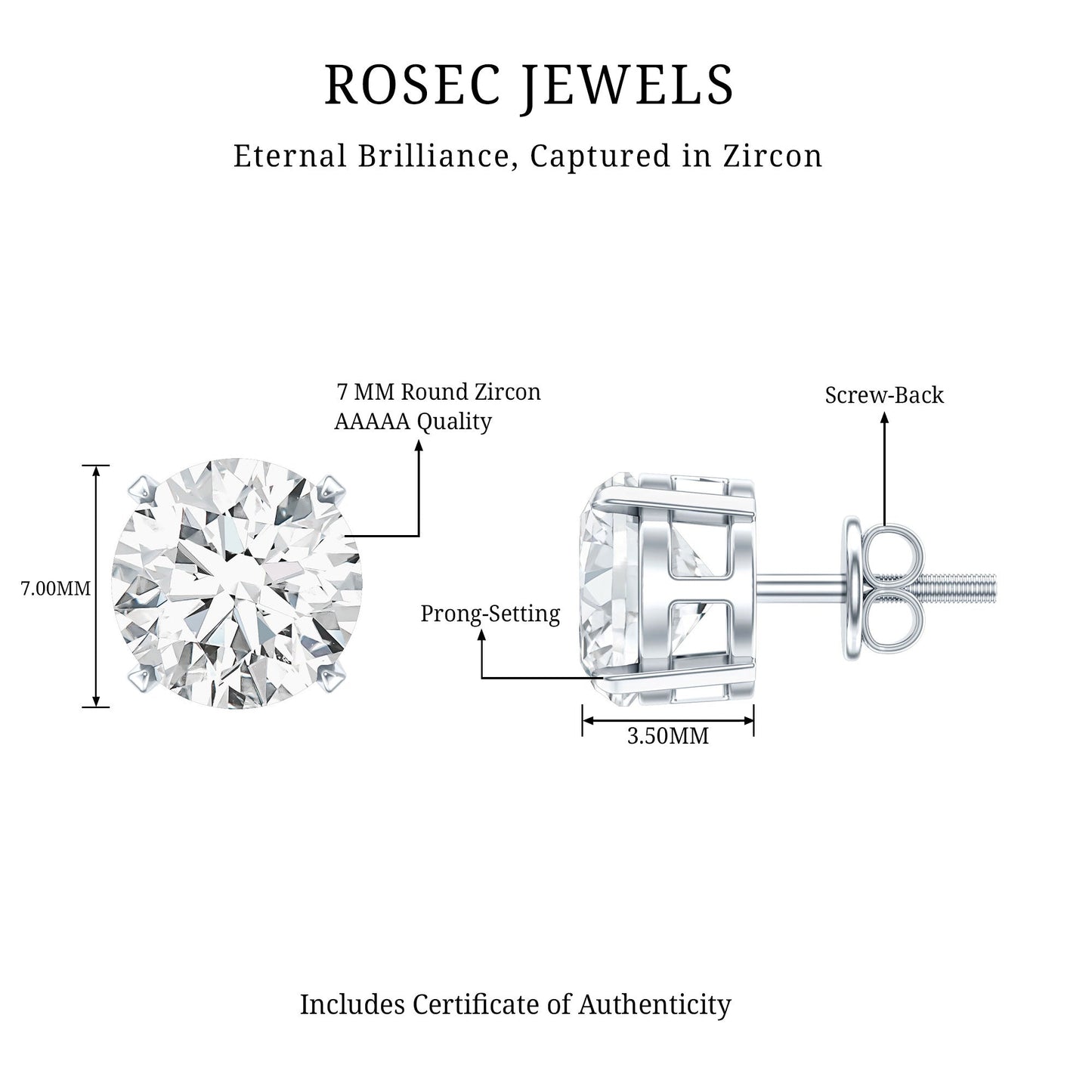 Certified 2.7 Carat Cubic Zirconia Stud Earrings with Screw Back