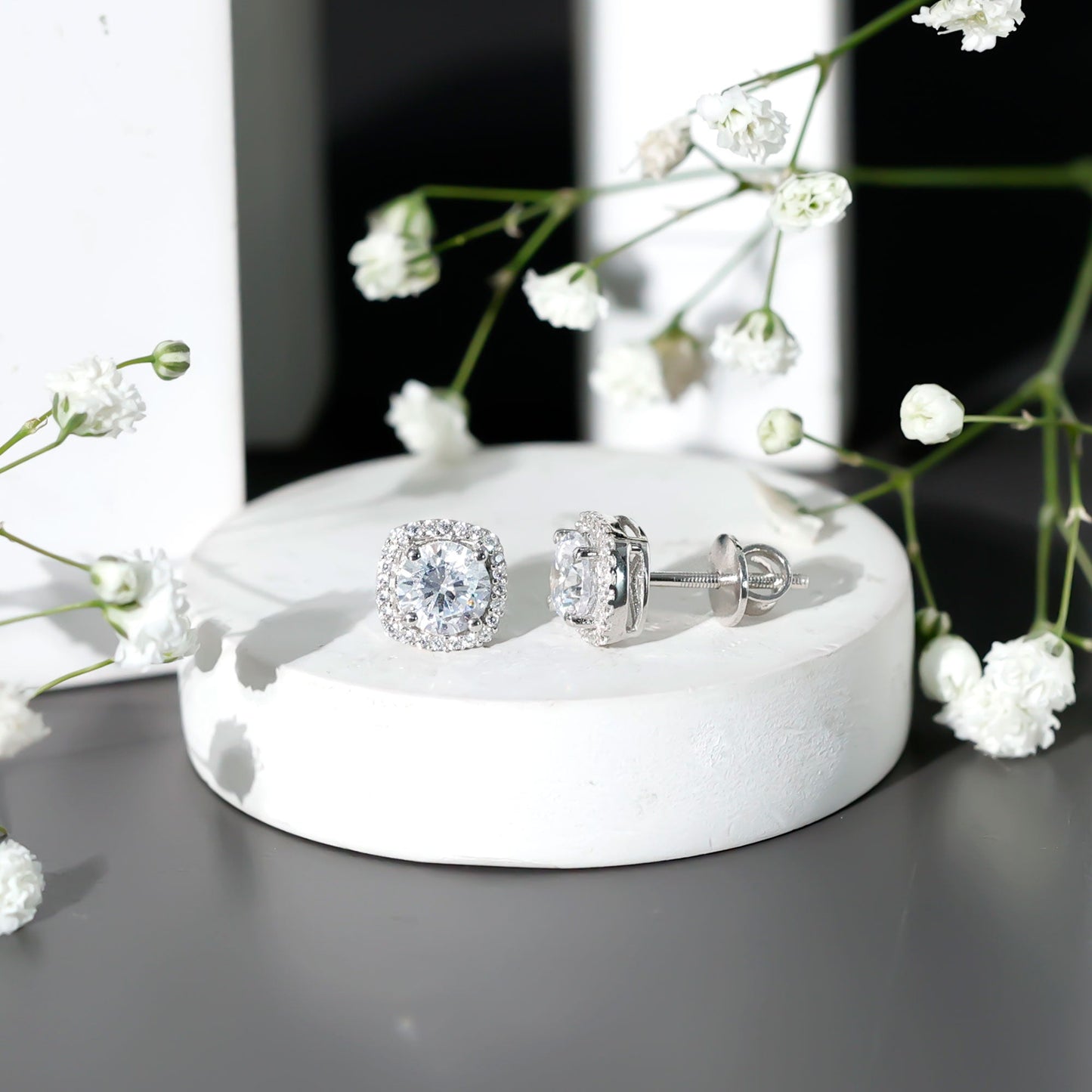 Womens 2 Carat Cubic Zirconia Halo Stud Earrings in 14K Gold Plated Silver