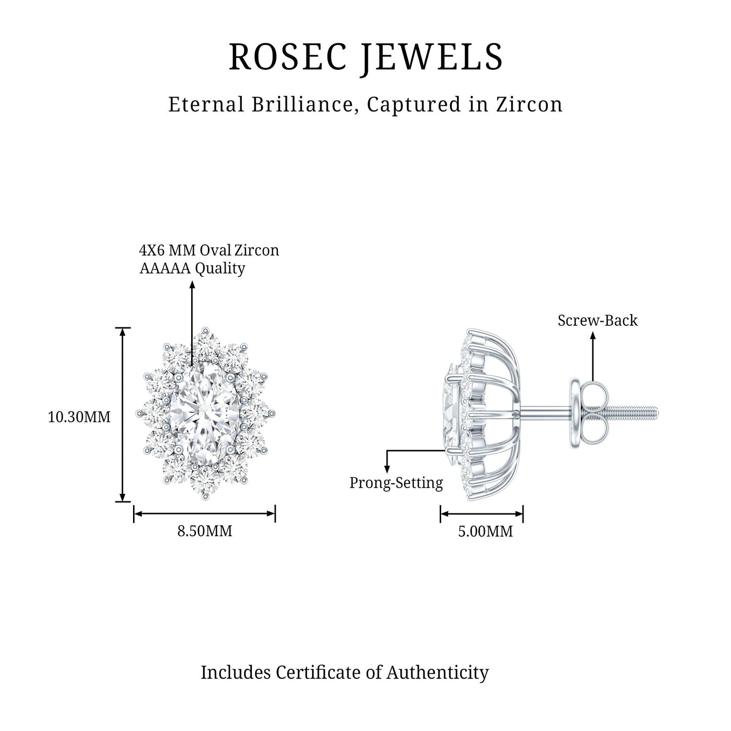 Oval Shaped CZ Diamond Halo Stud Earrings with Screw Back