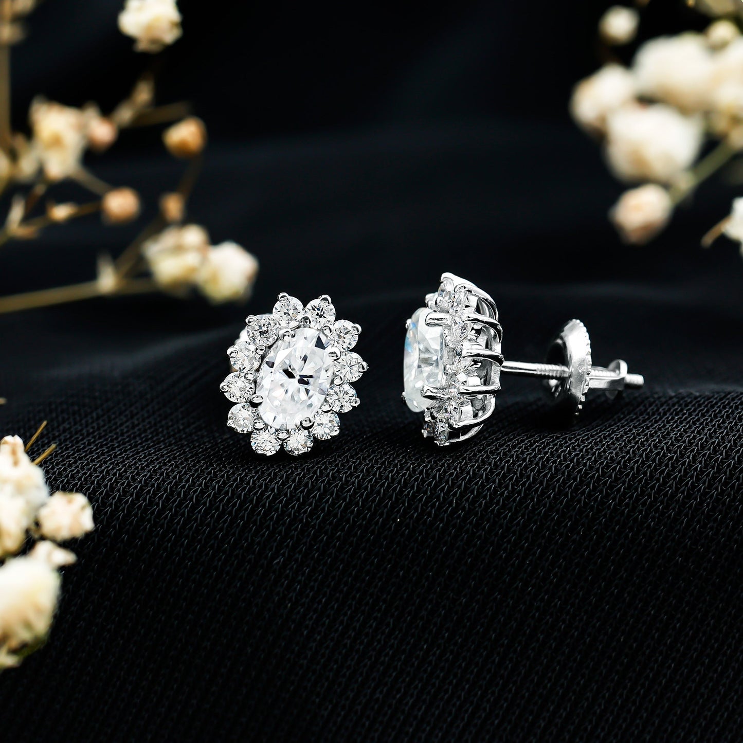 Oval Shaped CZ Diamond Halo Stud Earrings with Screw Back