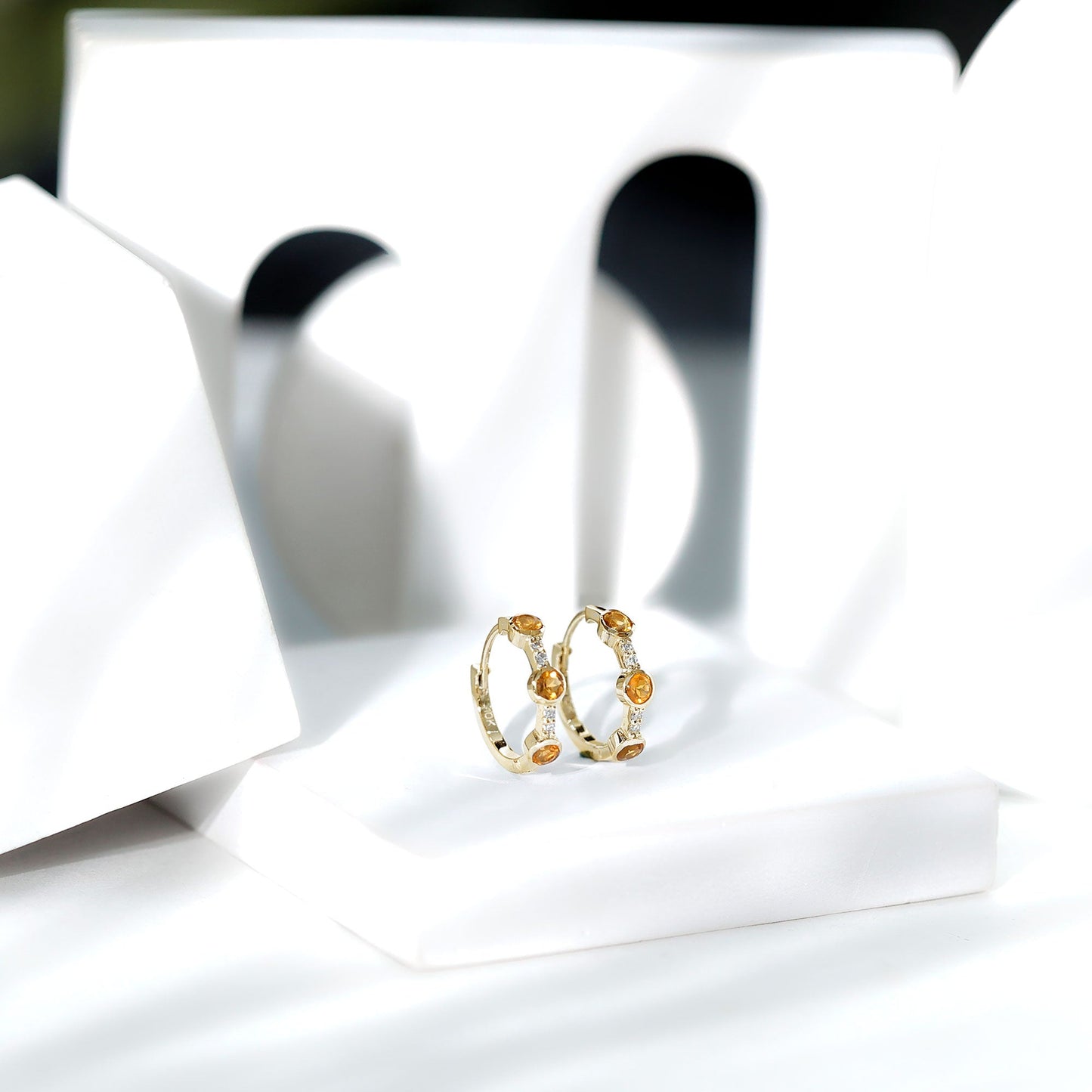 Bezel Set Citrine Hinged Hoop Earrings with Diamond