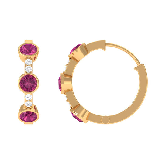 Bezel Set Pink Tourmaline Hinged Hoop Earrings with Diamond