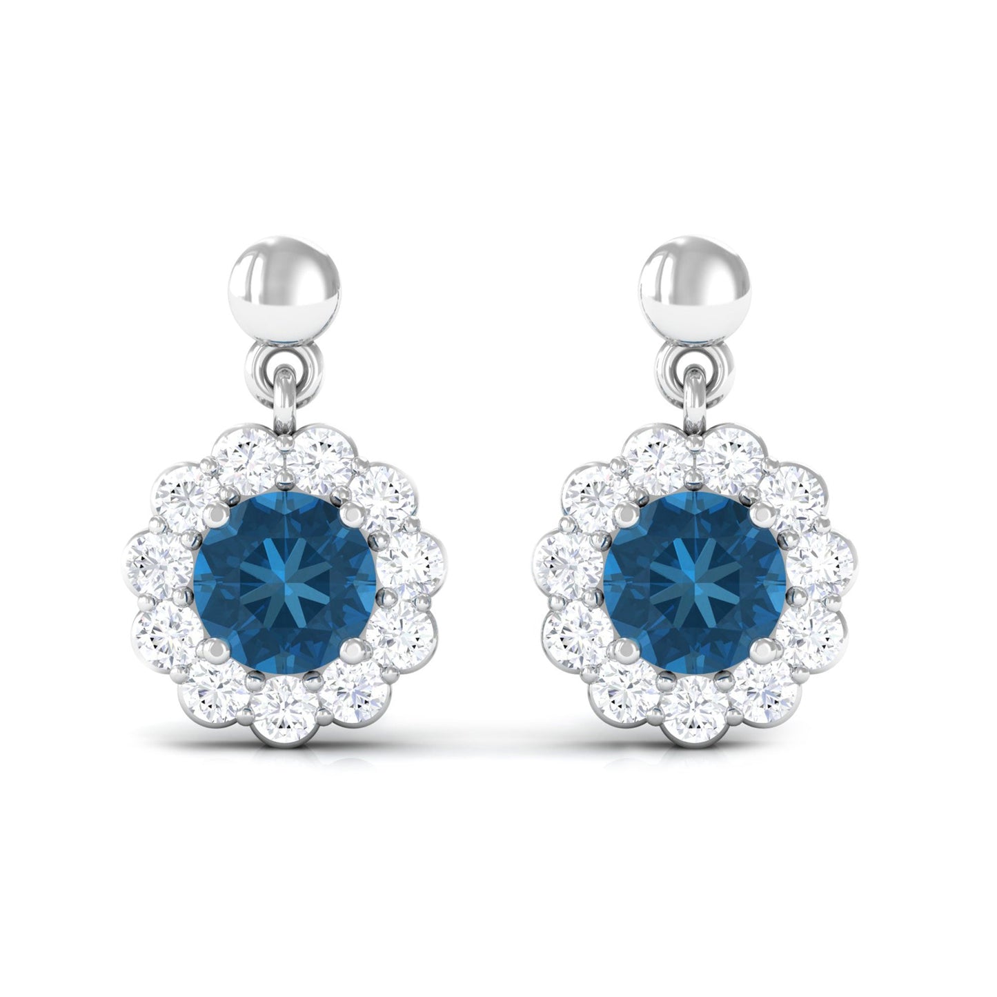 1.2 Carat Real London Blue Topaz and Diamond Flower Halo Drop Earrings