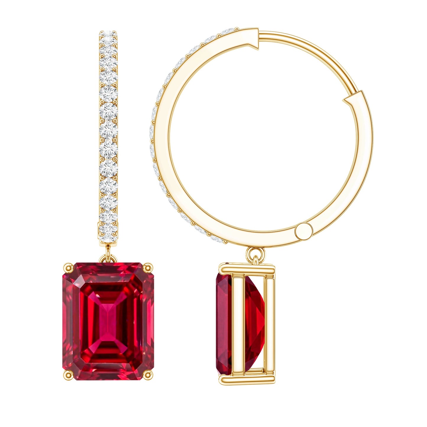 Emerald Cut Lab Created Ruby and Diamond Hoop Drop Earrings