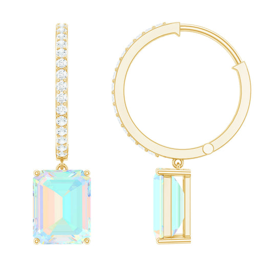 Genuine Emerald Cut Ethiopian Opal Drop Hoop Earrings
