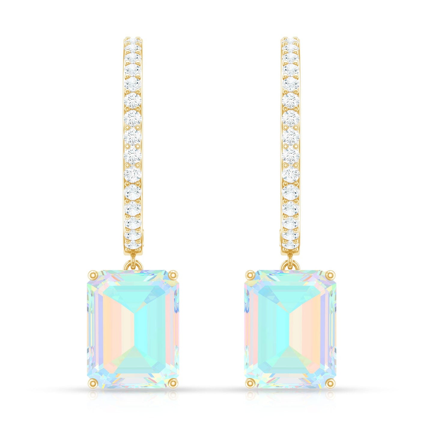 Genuine Emerald Cut Ethiopian Opal Drop Hoop Earrings