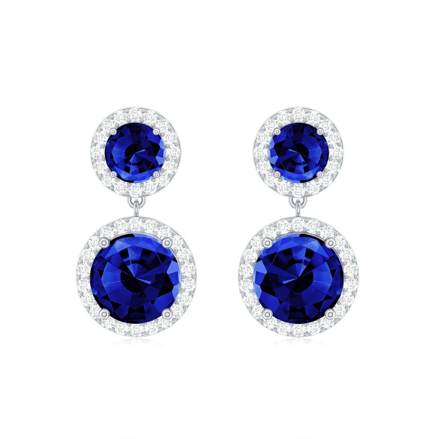 Lab Created Blue Sapphire Wedding Dangle Earrings with Moissanite Halo