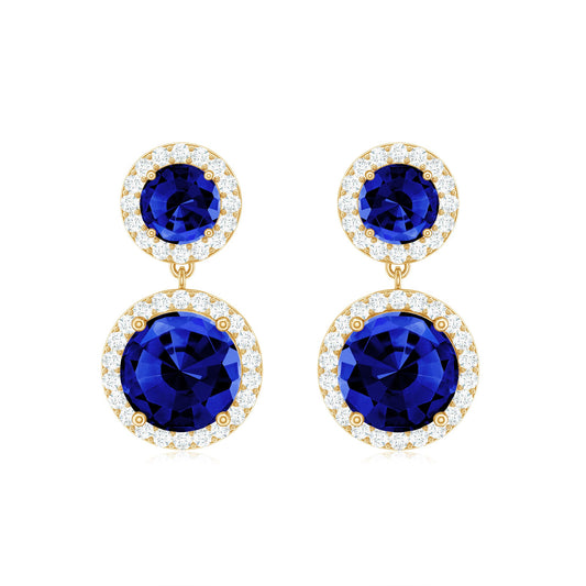 Lab Created Blue Sapphire Wedding Dangle Earrings with Moissanite Halo