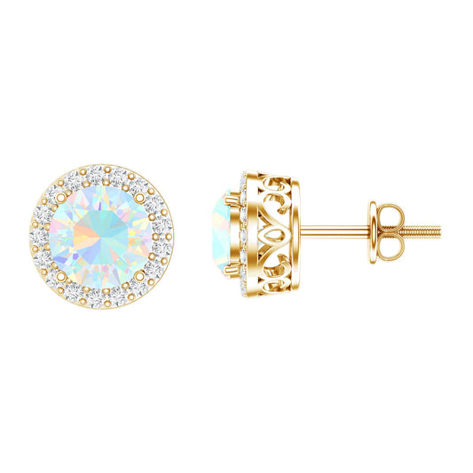 1.6 Carat Round Ethiopian Opal Stud Earrings with Diamond Halo in Prong Setting