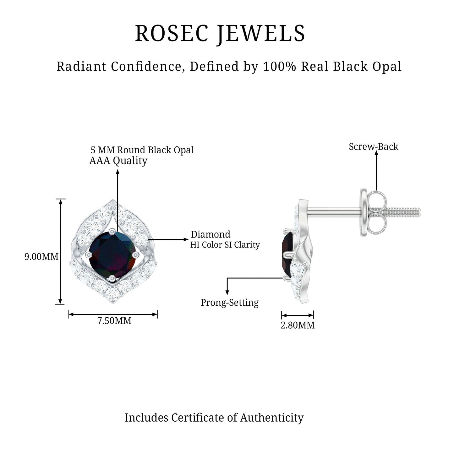 Natural Black Opal Diamond Leaf Earrings with Screw Back