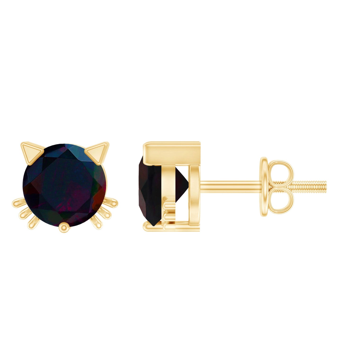 Solitaire Black Opal Cat Stud Earrings with Screw Back