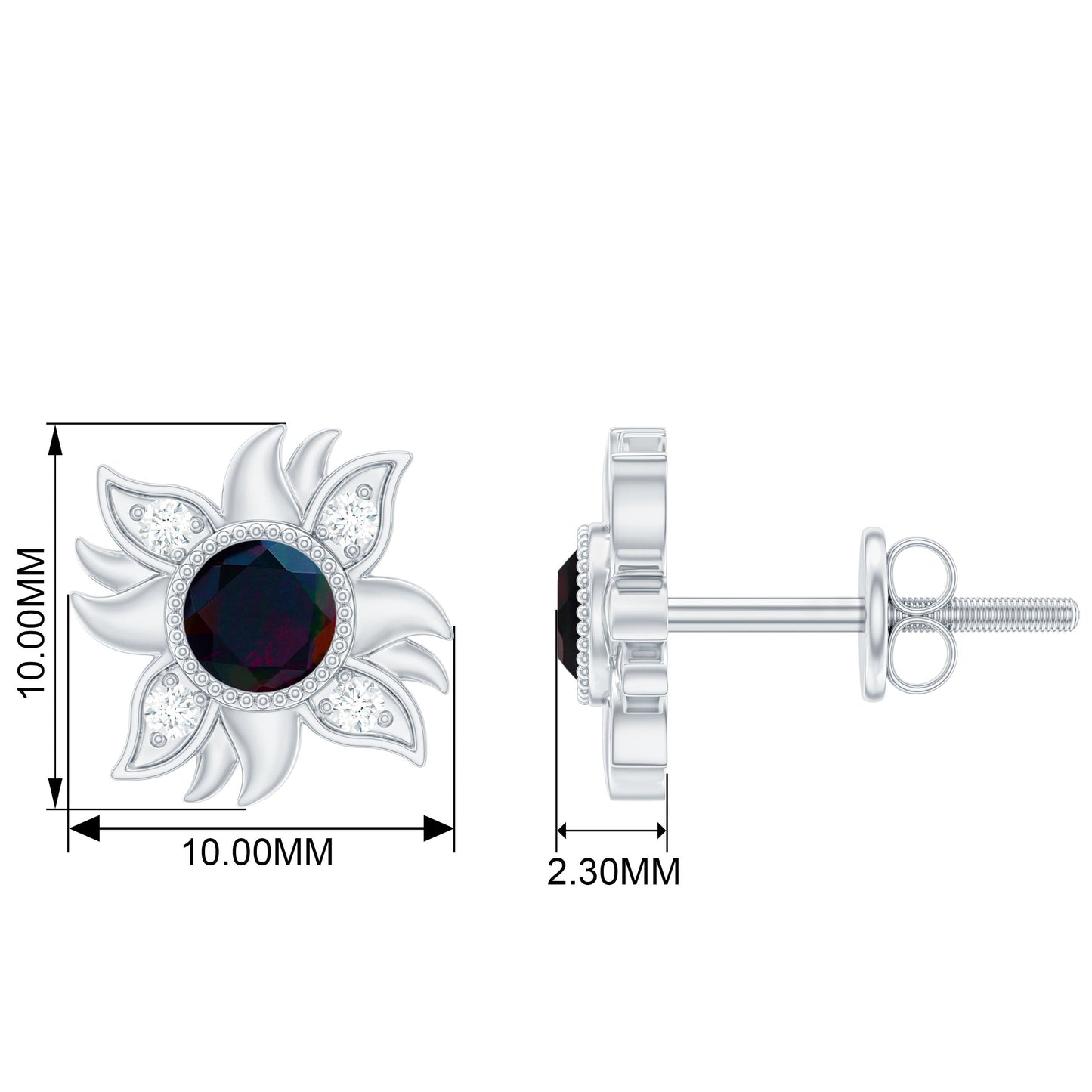 Genuine Black Opal Sunburst Stud Earrings with Diamond