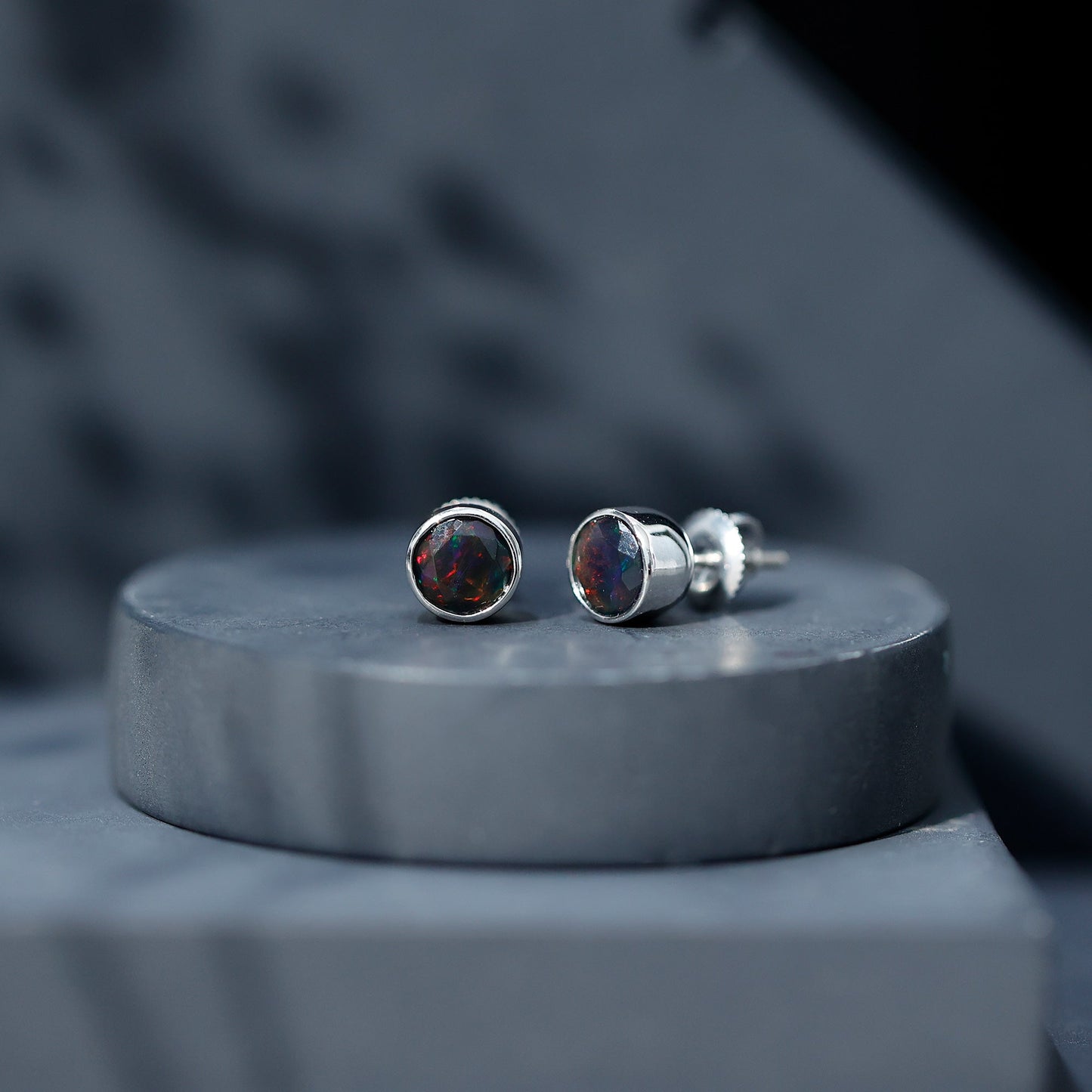Bezel Set 1.6 Carat Black Opal Stud Earrings with Certificate