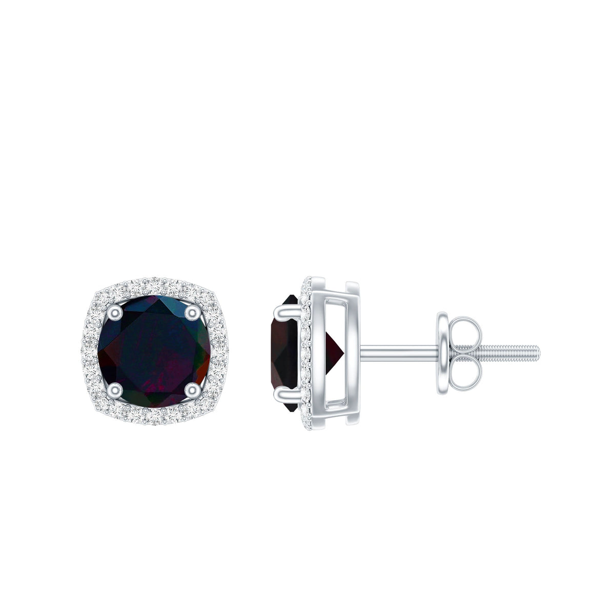 Round Shape Black Opal Stud Earrings with Moissanite Halo