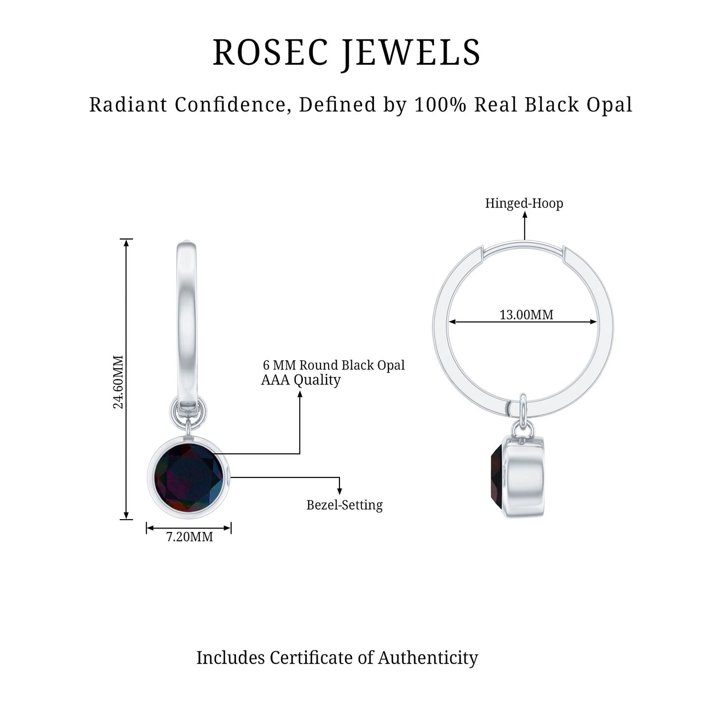 Natural Bezel Set Black Opal Dangle Hoop Earrings For Women