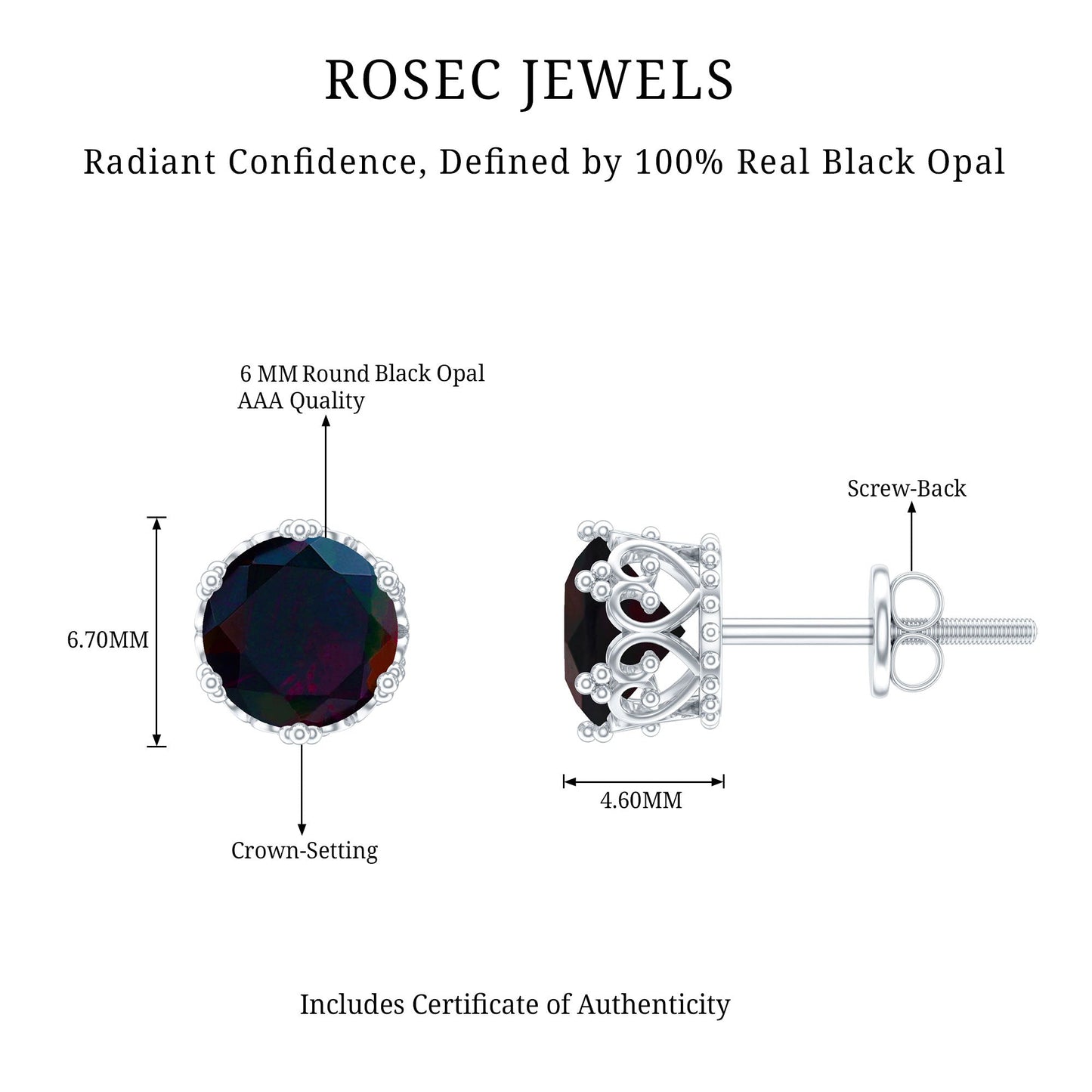 Natural 1.6 Carat Black Opal Crown Stud Earrings in Silver