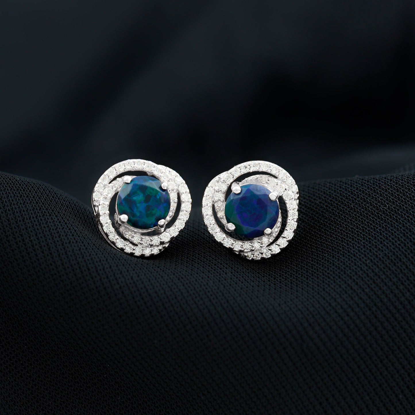 1.6 Carat Black Opal Swirl Stud Earrings with Certificate
