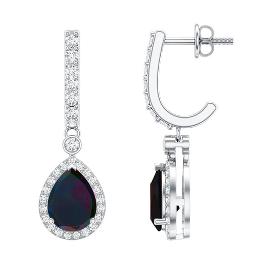 Natural 2 Carat Black Opal Teardrop Earrings with Moissanite
