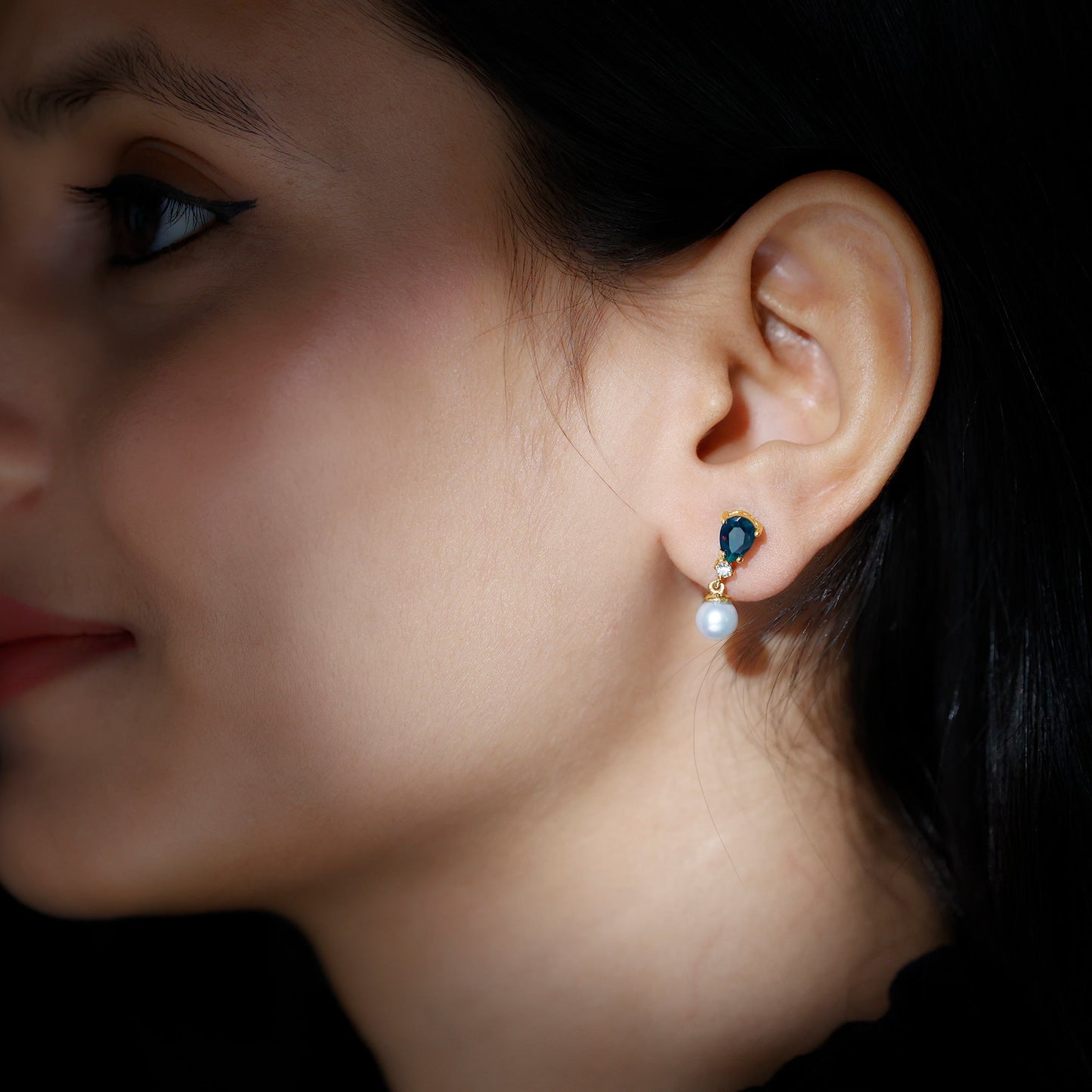Pear Cut Black Opal and Freshwater Pearl Drop Earrings with Moissanite