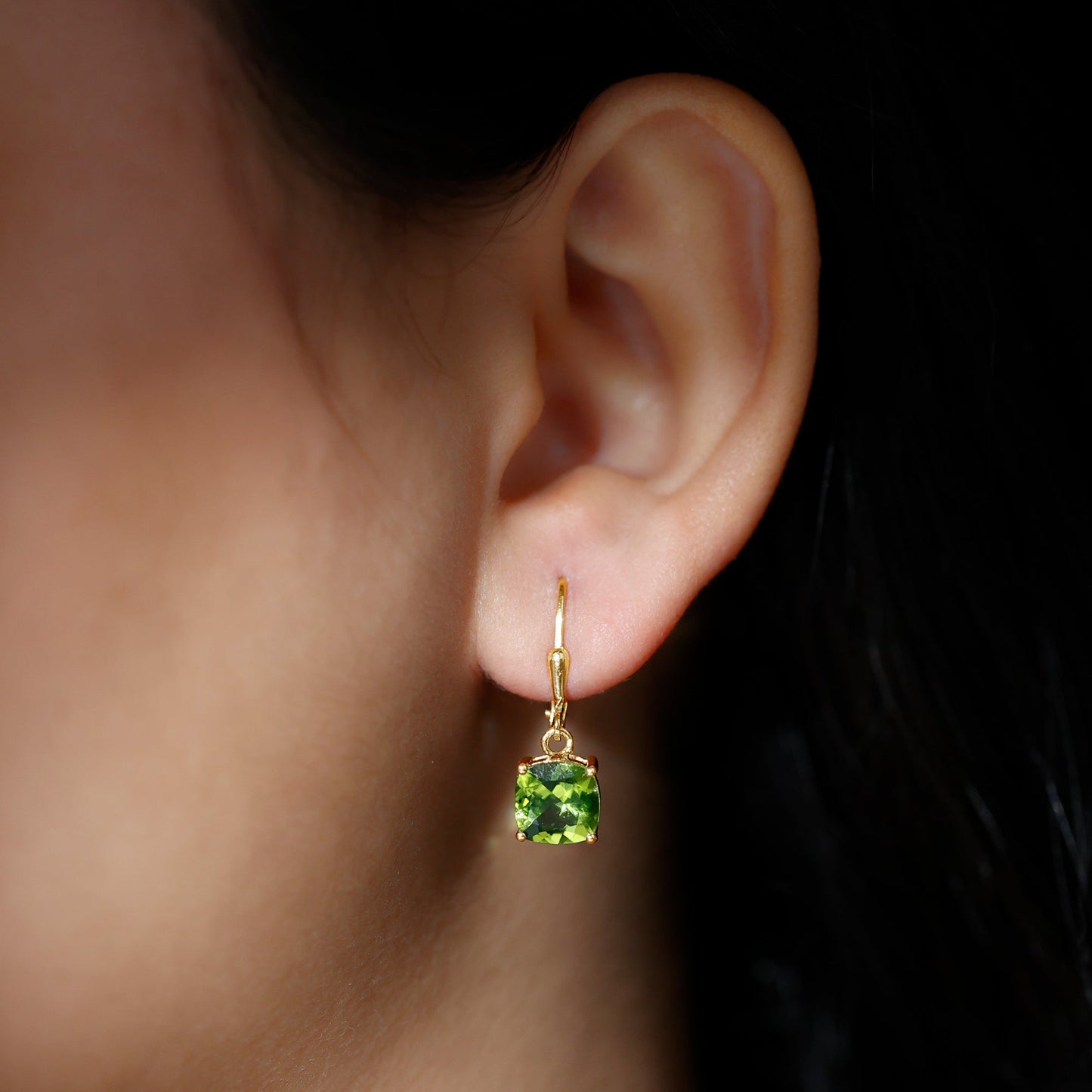 4.2 Carat Cushion Cut Peridot Solitaire Drop Earrings with Leverback