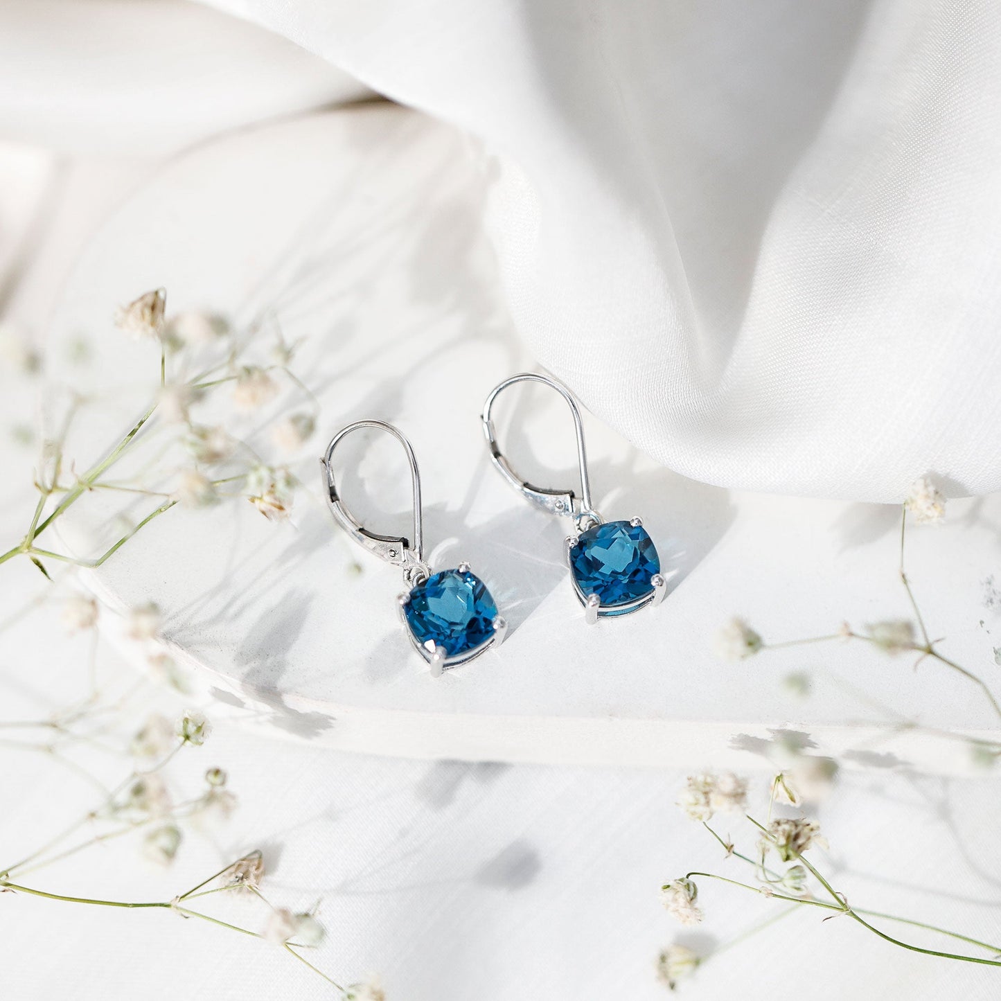 Cushion Cut London Blue Topaz Solitaire Drop Earrings