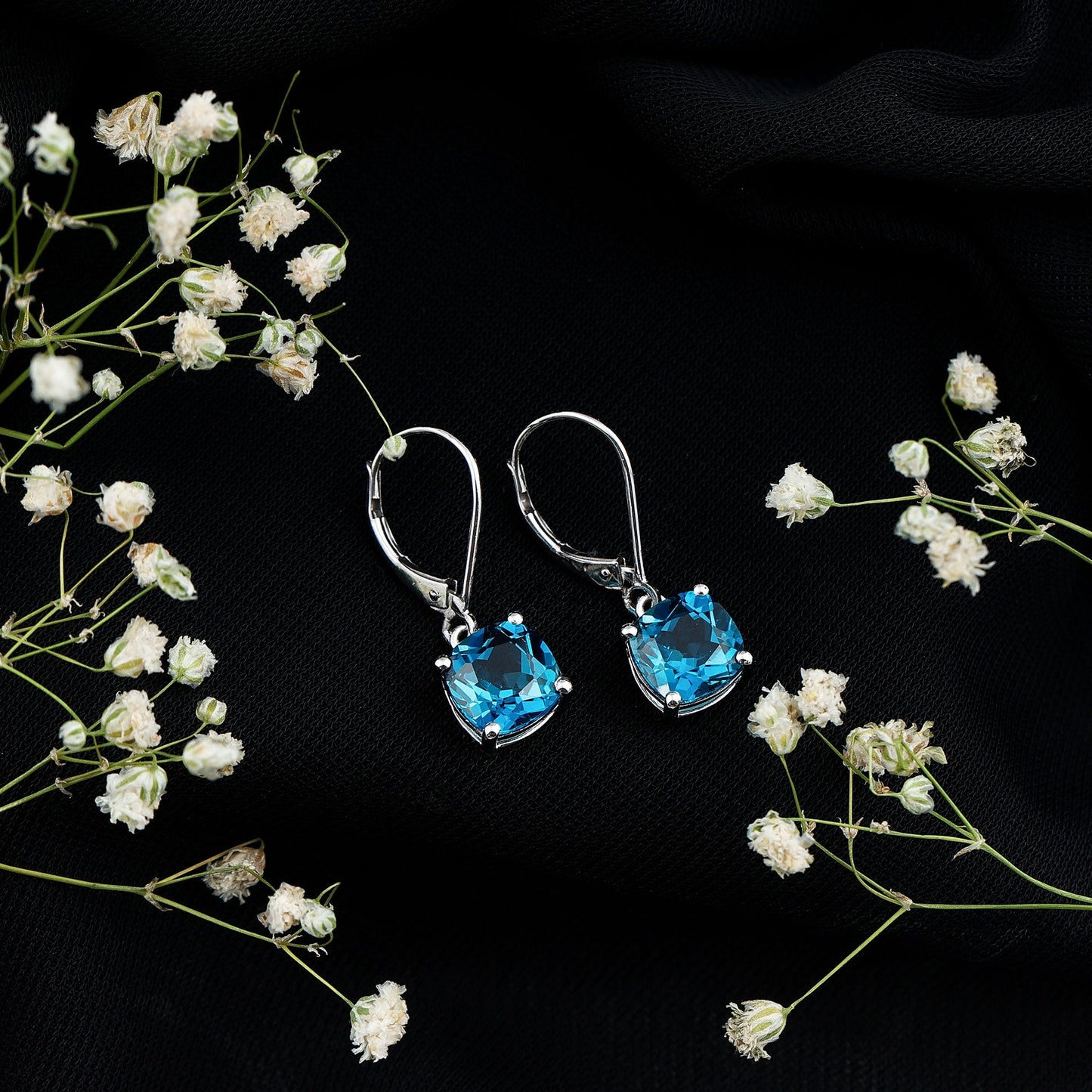 Cushion Cut London Blue Topaz Solitaire Drop Earrings