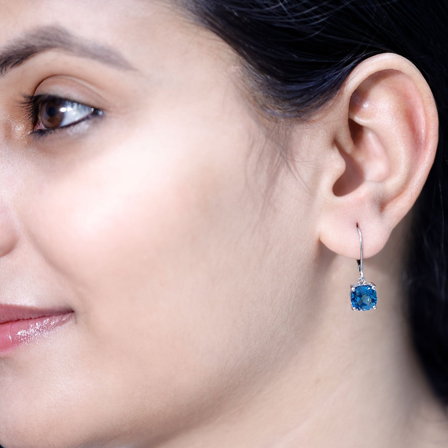 Cushion Cut London Blue Topaz Solitaire Drop Earrings