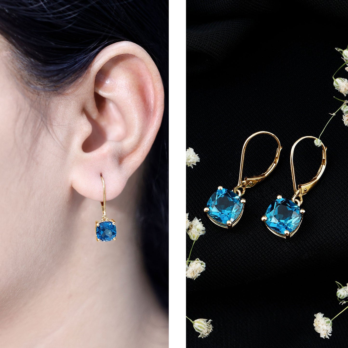 Cushion Cut London Blue Topaz Solitaire Drop Earrings