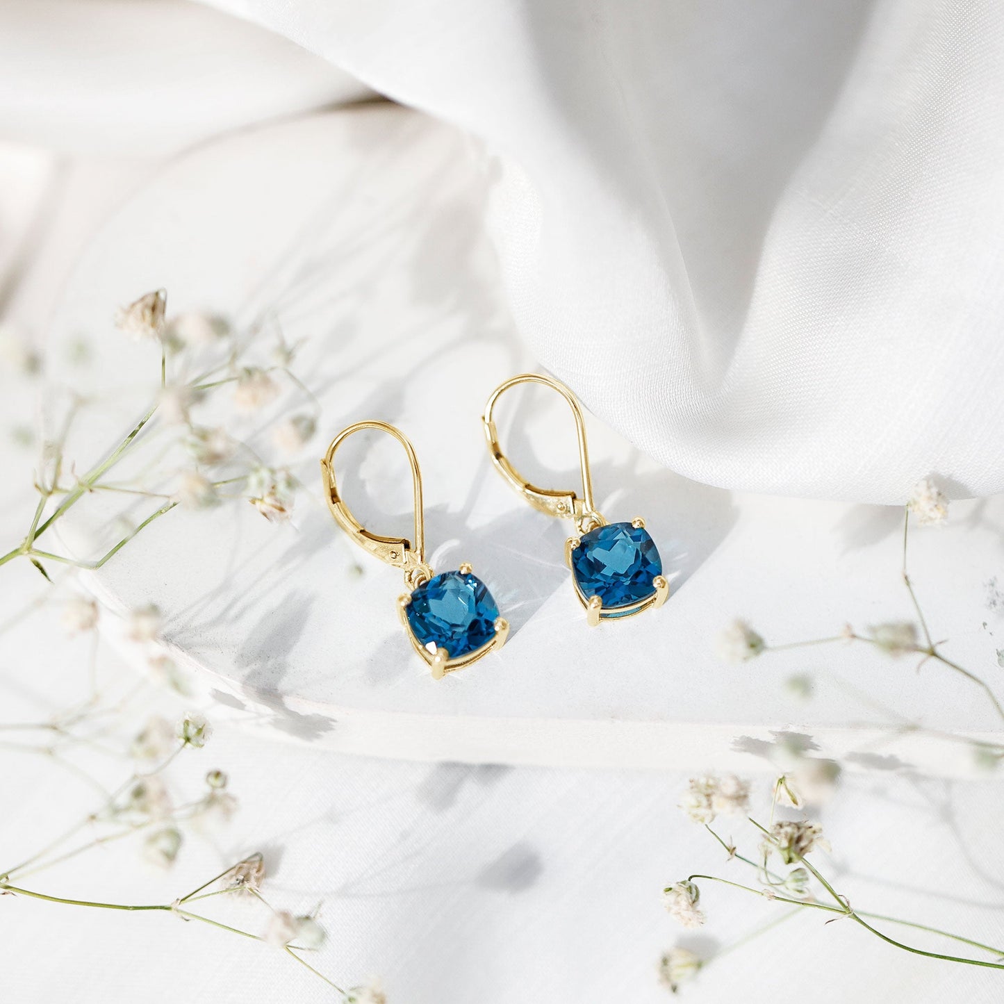Cushion Cut London Blue Topaz Solitaire Drop Earrings