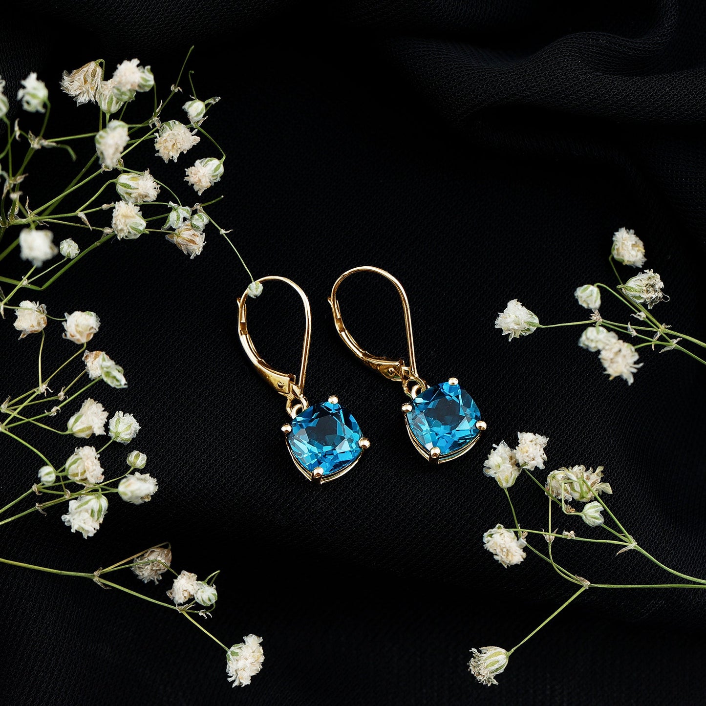 Cushion Cut London Blue Topaz Solitaire Drop Earrings