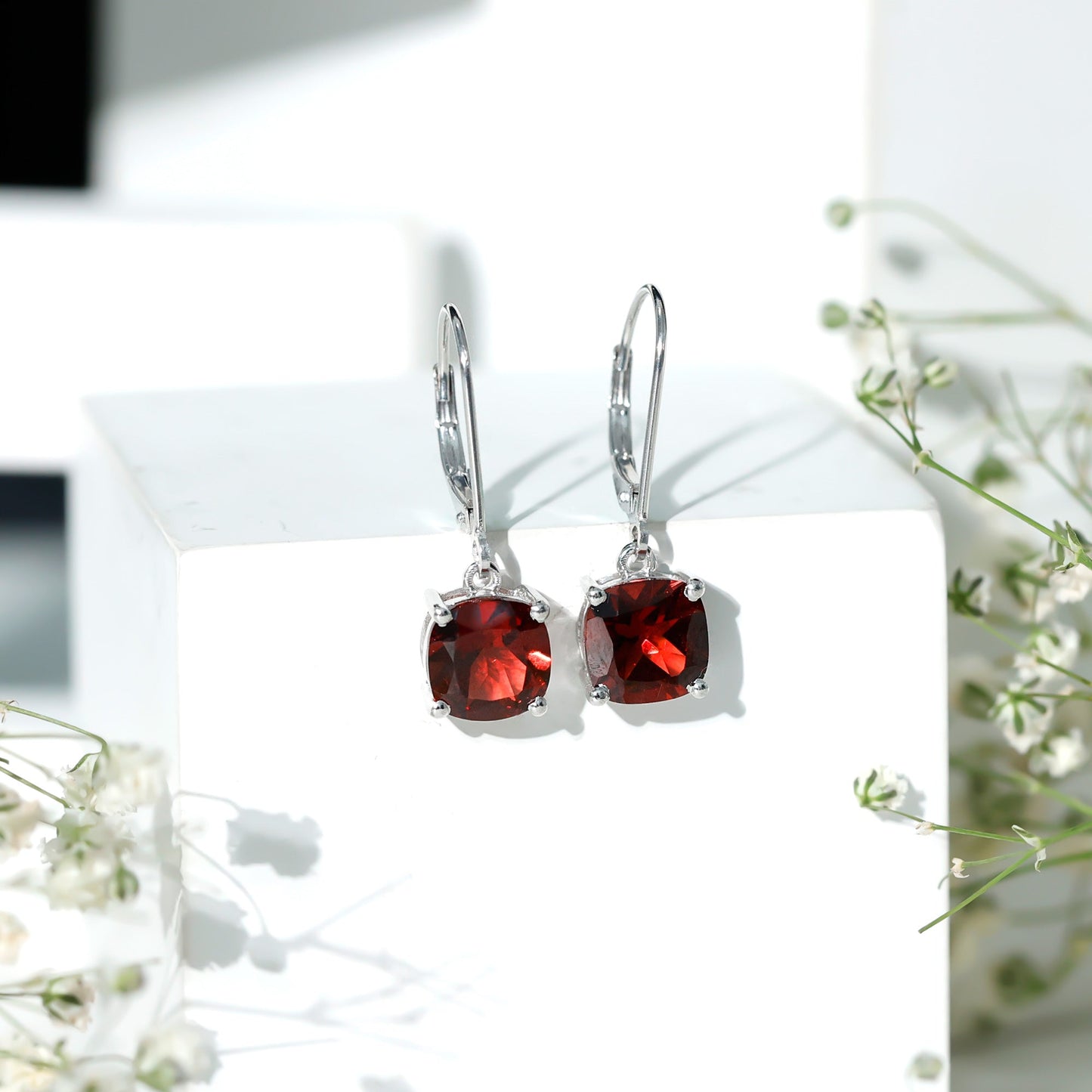 6.4 Carat Cushion Cut Garnet Solitaire Drop Earrings with Lever Back
