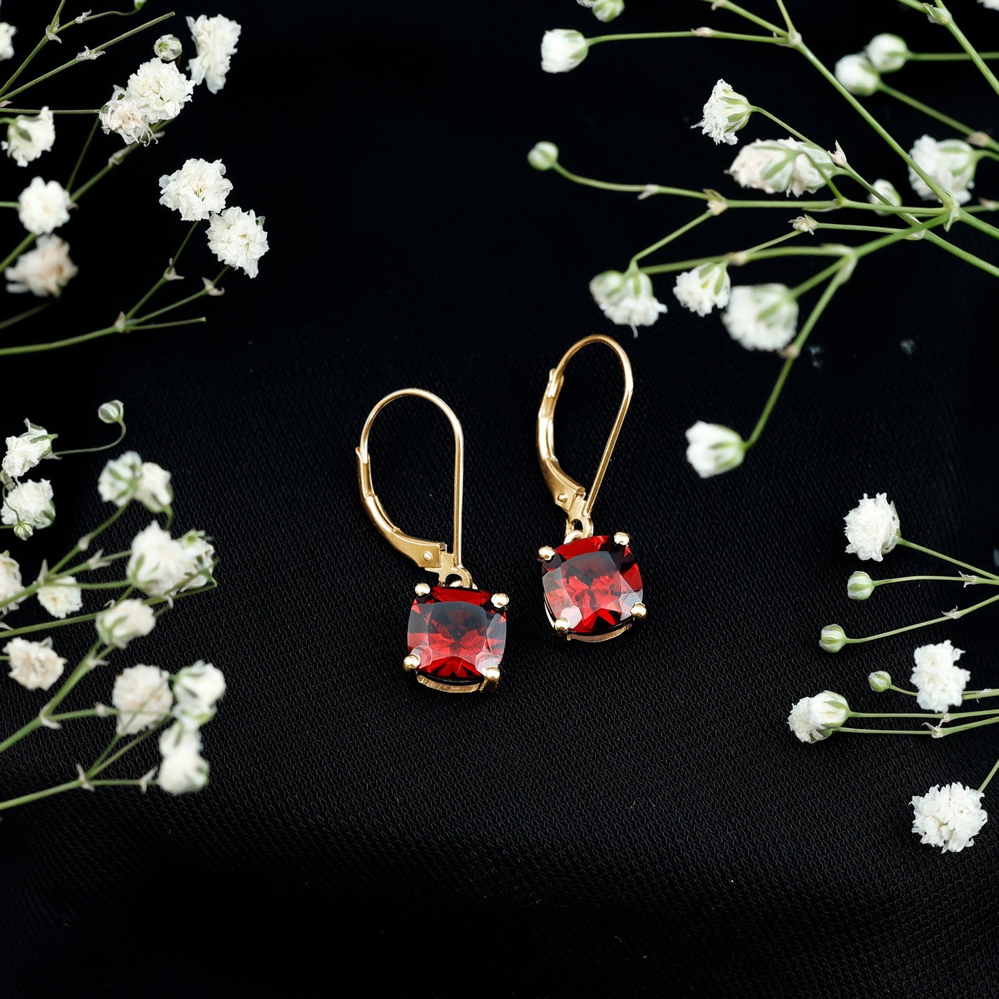 6.4 Carat Cushion Cut Garnet Solitaire Drop Earrings with Lever Back