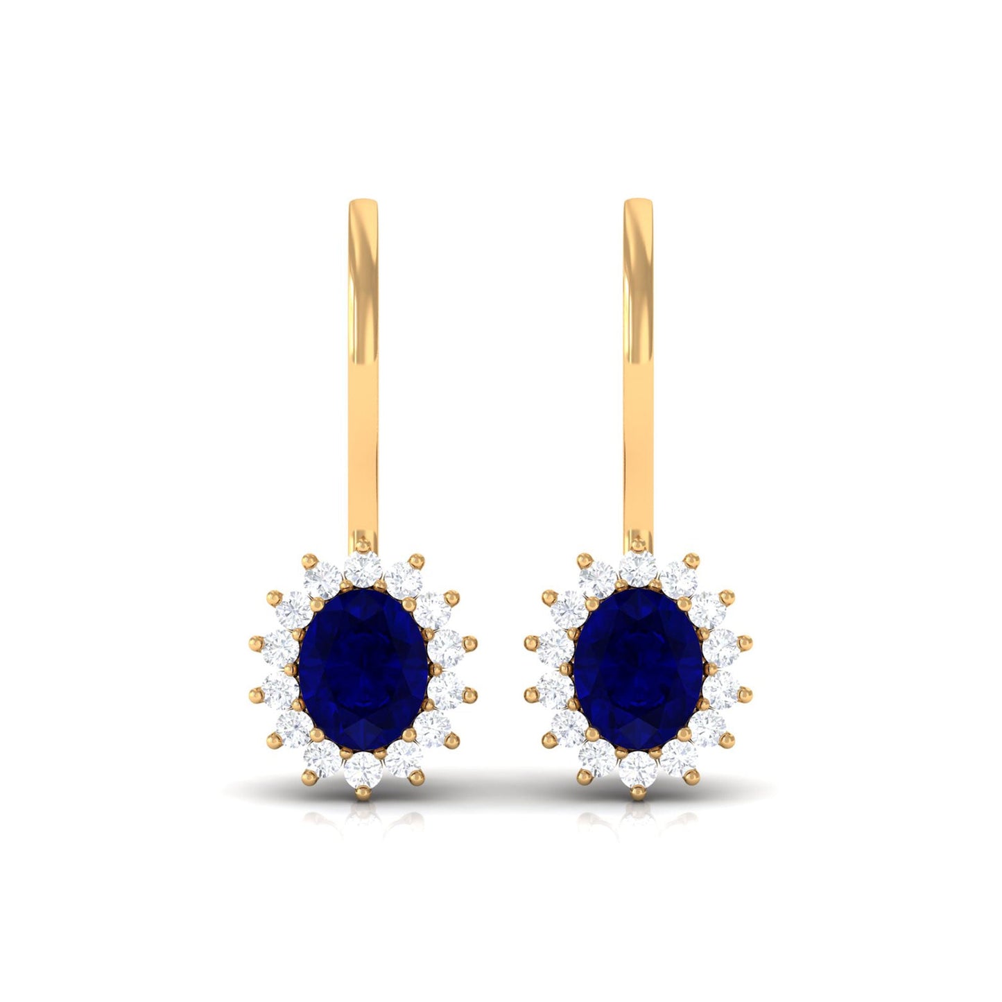 1.2 Carat Oval Blue Sapphire Drop Earrings with Diamond Halo