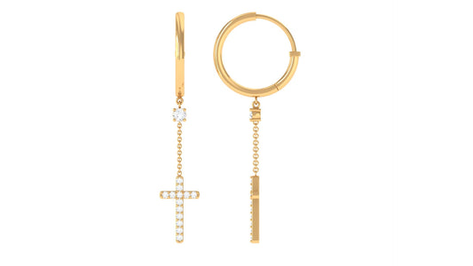 Genuine Diamond Cross Drop Earrings with Hinged Hoop