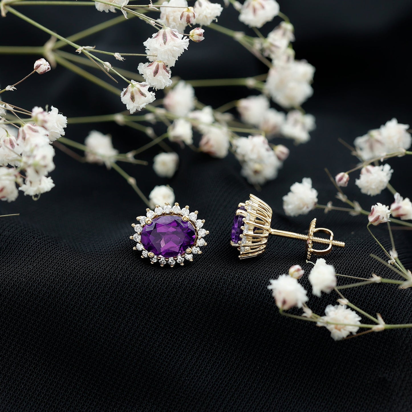 Classic Oval Amethyst Stud Earrings with Moissanite Halo