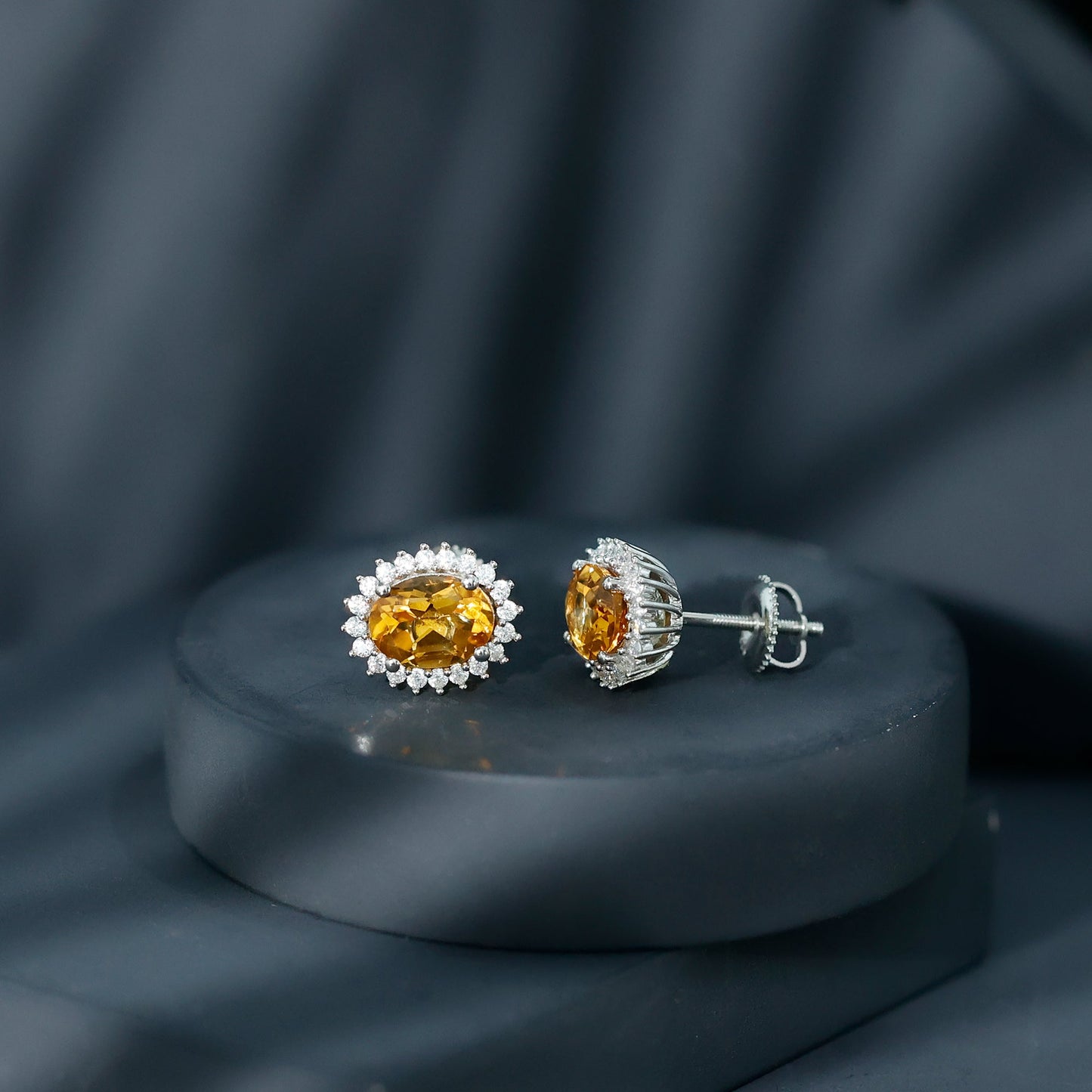 Oval Shaped 2.2 Carat Citrine Stud Earrings with Halo