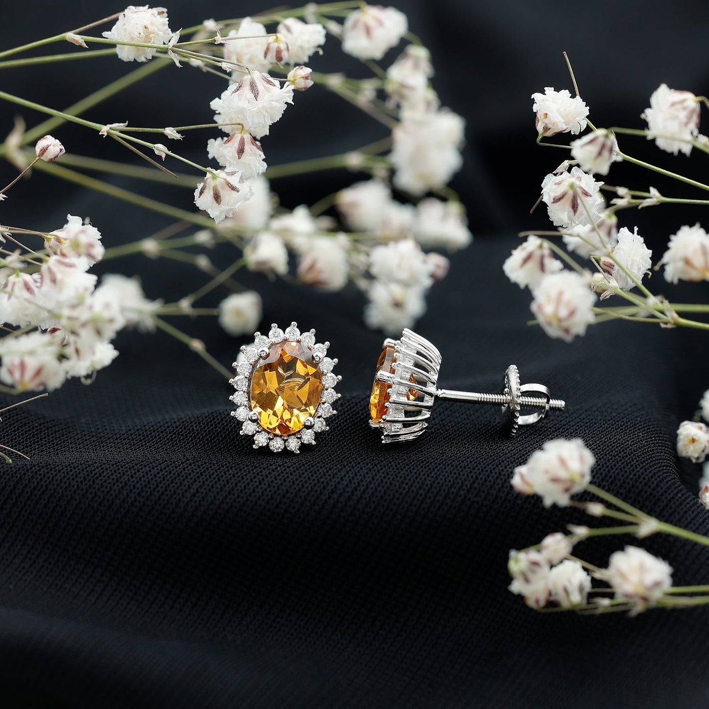 Oval Shaped 2.2 Carat Citrine Stud Earrings with Halo